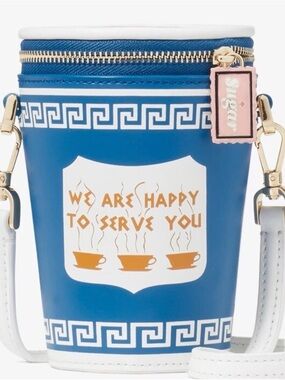 Blue Novelty Cup Crossbody with 'We Are Happy To Serve You'